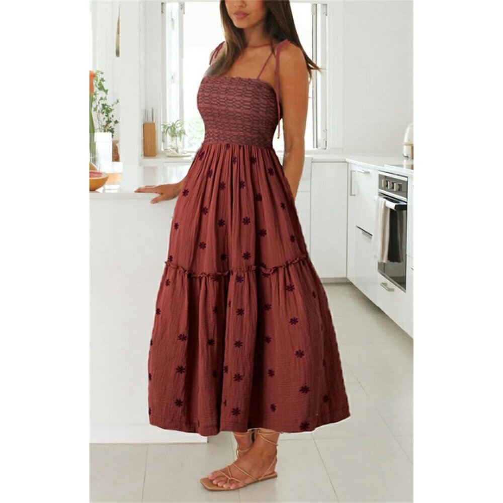 Women Floral Embroidered Maxi Dress Boho Sleeveless Tie Strap Summer Sundress - Picture 3 of 4